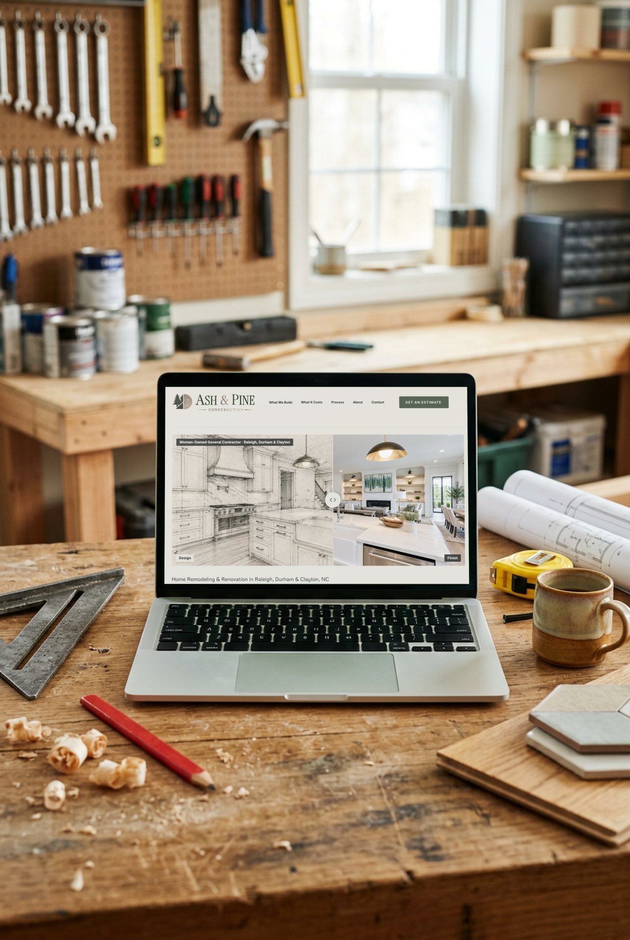 Ash & Pine's homepage on a laptop, sitting on a carpenter's workbench
